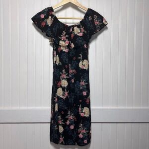 Rojada Dress Whimsygoth Fairy Dark Romance Black Floral Off-Shoulder Ruffle Midi